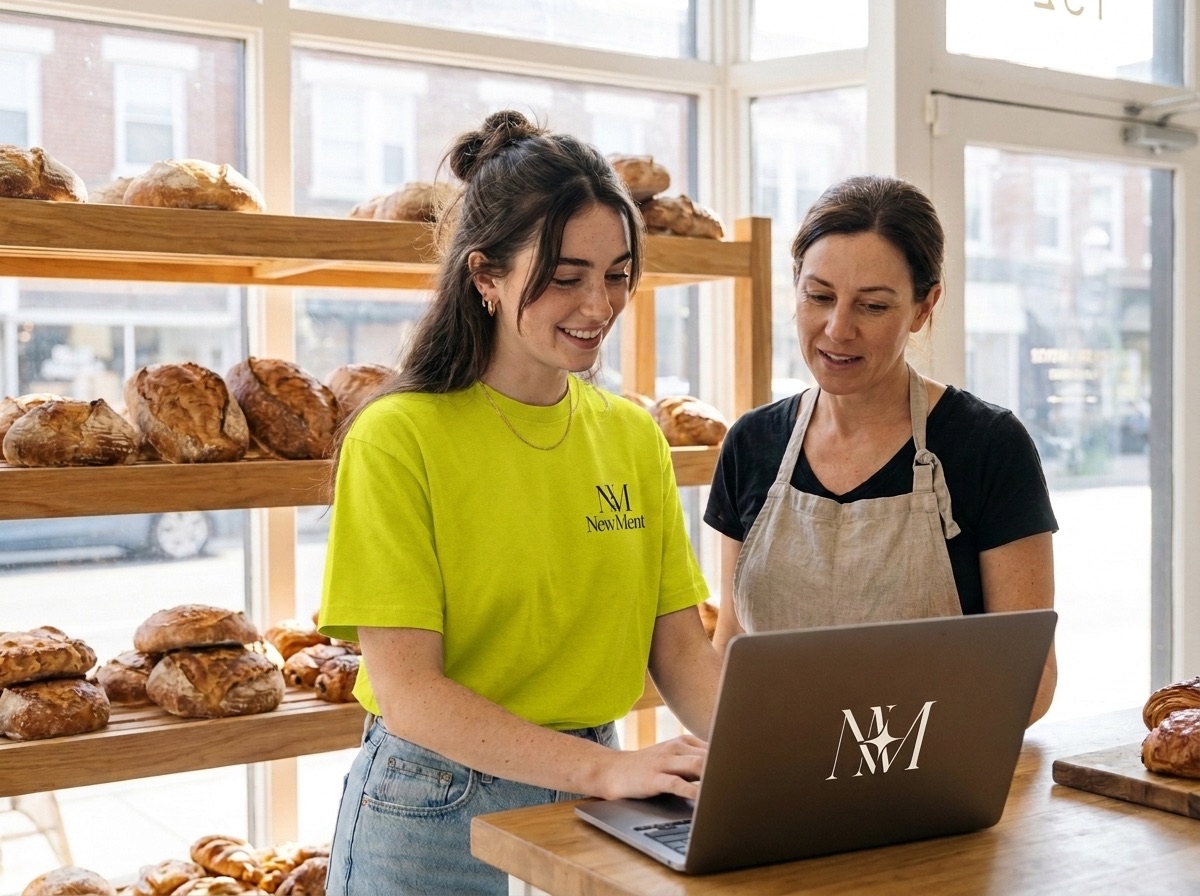 A NewMent specialist walking bakery owners through their new setup