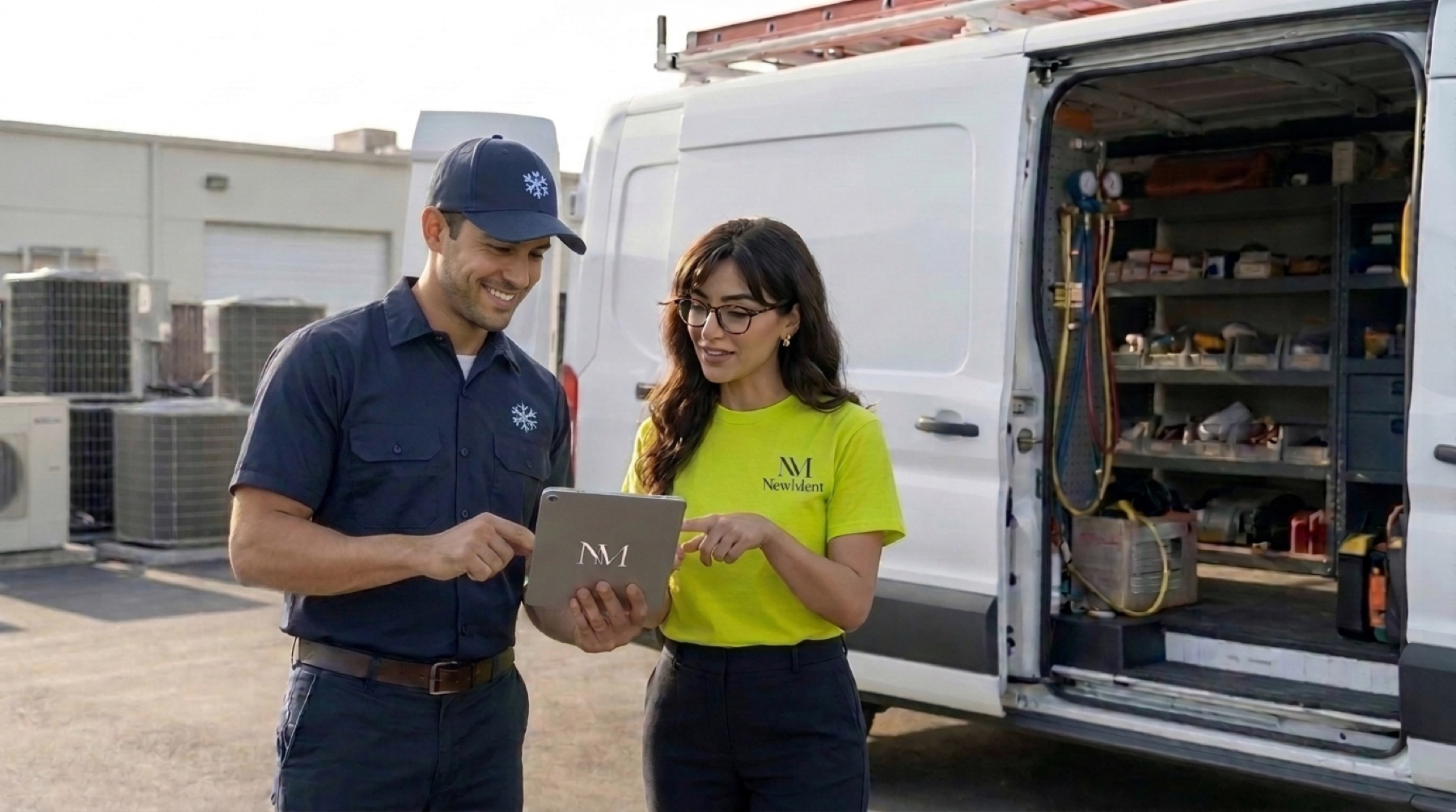 A NewMent specialist showing an HVAC technician and owner his new setup on an iPad at his shop workbench