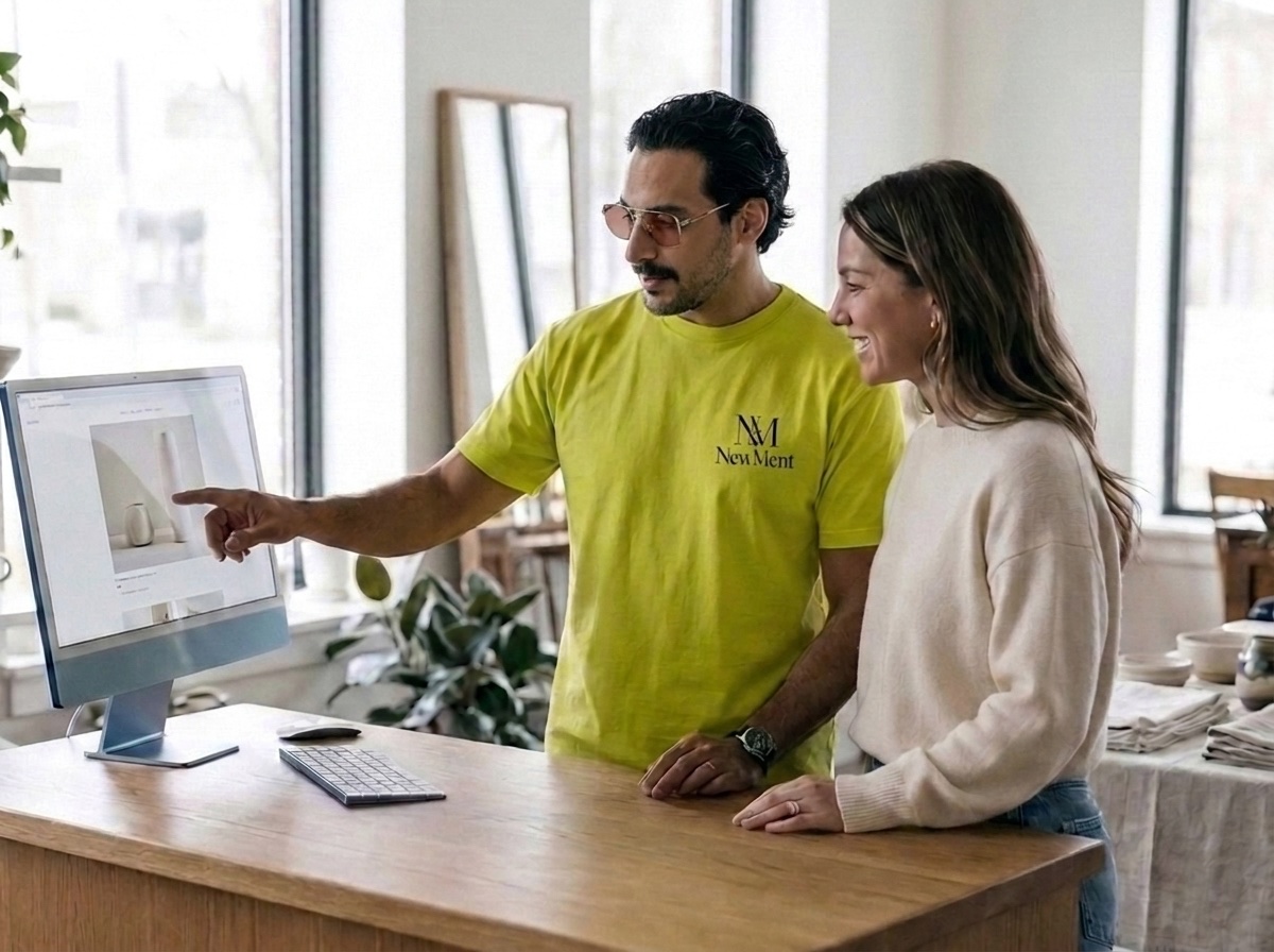 A NewMent specialist and a store owner looking at her new website on the shop computer